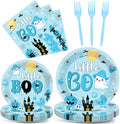 96PCS Halloween Little Boo Baby Shower Plates and Napkins for Boo baby shower Decorations Disposable Blue and Black Dinnerware Plates Napkins Forks for Halloween Party Favors
