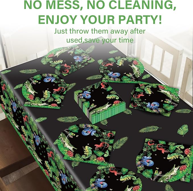 Reptile Snake Birthday Party Supplies Serves 24 Lizard Party Paper Plates Napkins Jungle Swamp Snake Tablecloth Tableware Kit for Baby Shower Decorations Kids Boys Girls