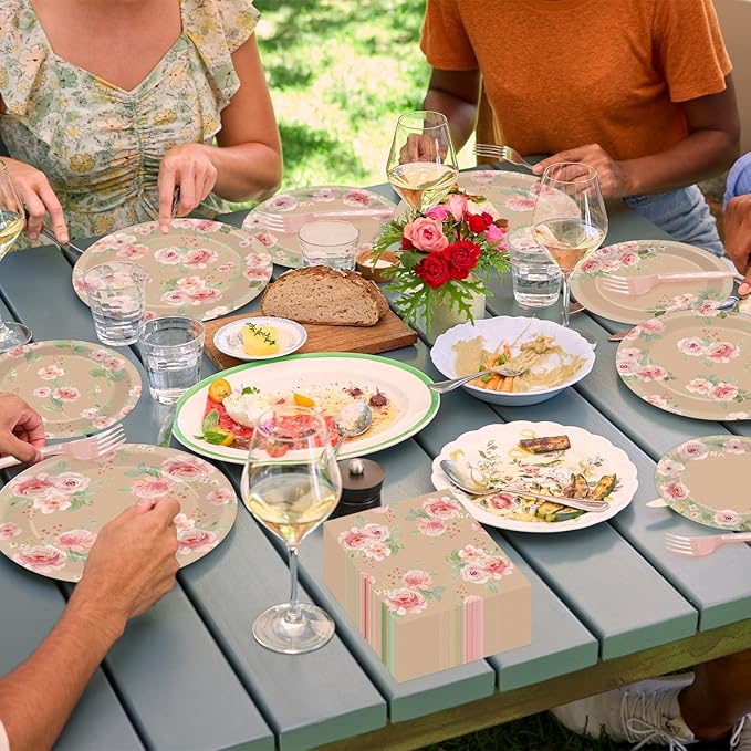 96Pcs Vintage Flower Party Supplies Spring Kraft Floral Themed Paper Plates Napkins Pink Rose Flower Party Tableware Disposable Decoration Set for Kids Birthday Baby Shower Table Decor