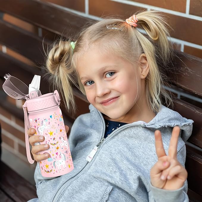 Kids Water Bottle, GOPPUS 14 oz Insulated Water Bottle with Straw, Double Vacuum Leakproof, BPA Free, for Boys and Girls,Pink Unicorn