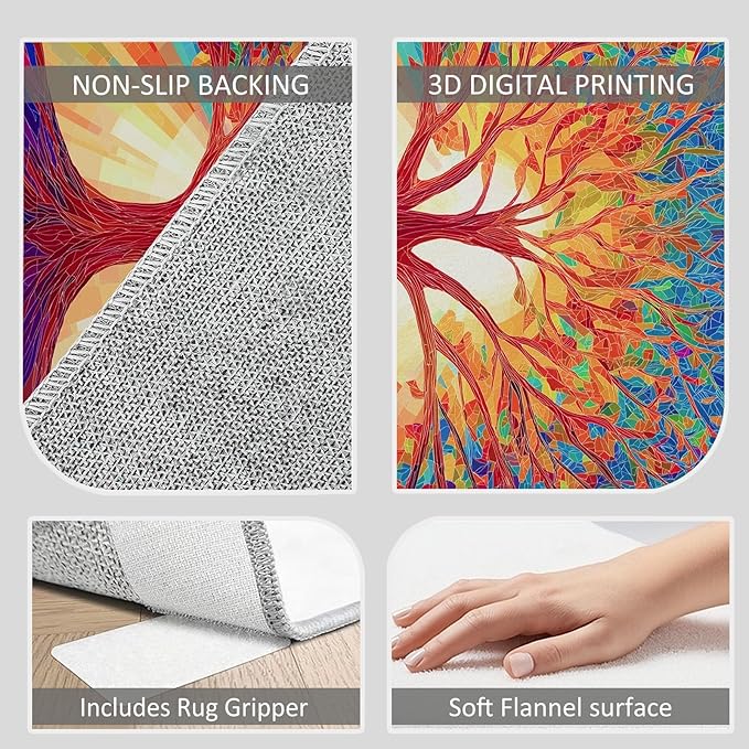 Colorful Tree of Life Rugs for Living Room Bedroom 8×11ft Washable Non-Slip Accent Carpet for Dining Room, Ultra-Thin Low-Pile Rug for Bedside Home Decor