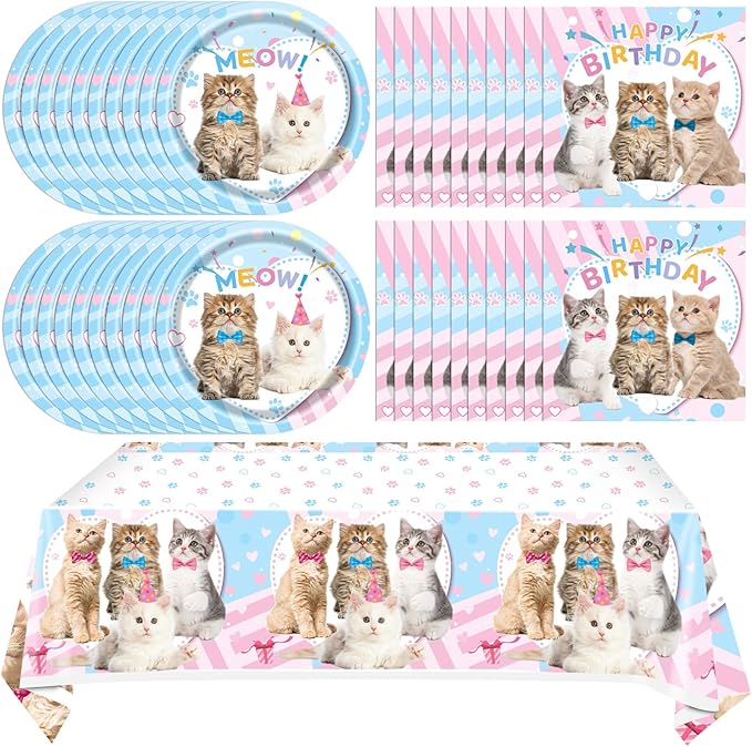 41Pcs Cat Party Supplies - Kitten Birthday Party Table Decorations Include 20 Paper Plates, 20 Napkins and 1 Tablecloth