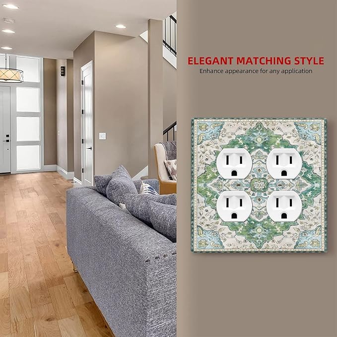 Sage Green Boho Vintage Floral Outlet Covers 2 Gang Double Duplex Decorative Light Switch Covers Electrical Wallplates Socket Faceplate for Bedroom Living Room Decor