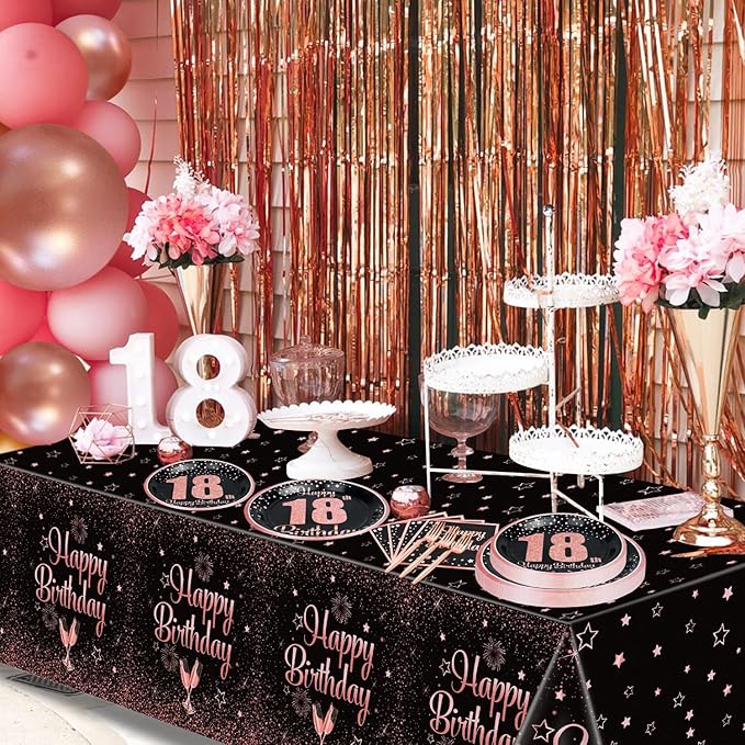 18th Black and Rose Glod Birthday Decorations for Boys Girls - 81 Pcs Plates, Napkins, 18th Tablecloth, Forks for Black and Rose Gold Party Decorations Serve 20
