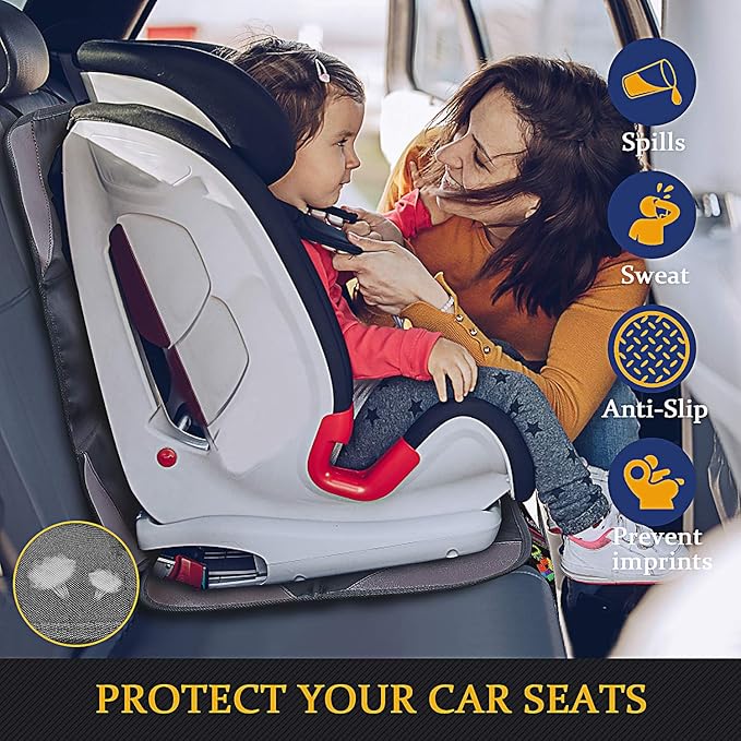 Car Seat Protector, Ponjson Auto Car Leather Seats Waterproof Thick Padding&Non-Slip Seat Cover Pad for Child Baby Safety Seat with Organizer Pockets-2 Pack Carseats for Most Cars