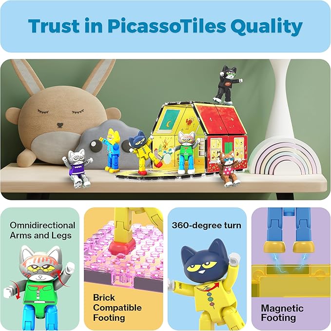PicassoTiles 6pcs Pete the Cat Magnetic Figures Family Animal Action Character Toddler Toys Magnet Expansion Pack Building Blocks Add-on Educational STEM Learning Kit Construction Brain Tiles PTC01