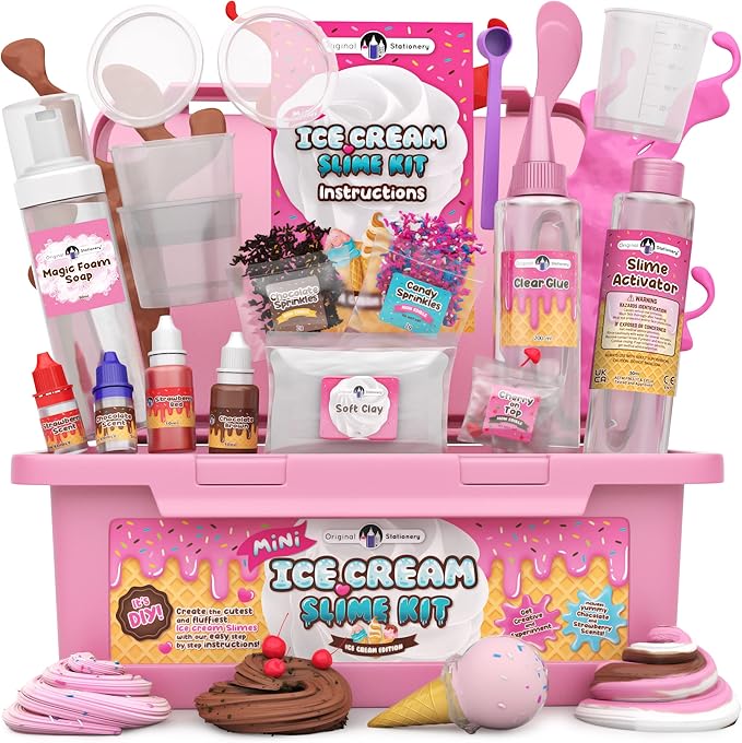 Original Stationery Mini Ice Cream Slime Kit for Girls & Boys Ages 7–12, DIY Slime Making Set with Sprinkles & Strawberry Scent, Fun Ice Cream Craft Toy, Birthday Gift for Kids