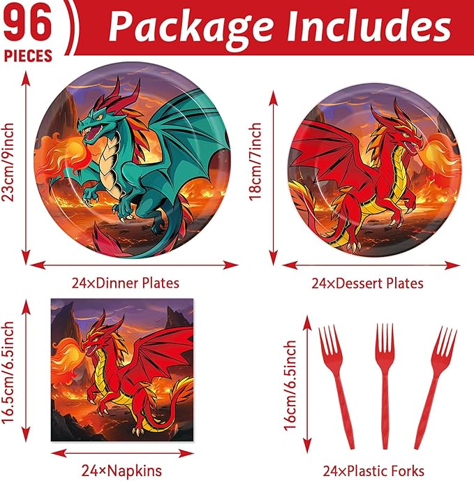 96Pcs Dragon Party Plates and Napkins for Magical Birthday Supplies Dragon Themed Paper Dessert Plates Tableware Set for 24 Guests Boys Birthday Party Decorations