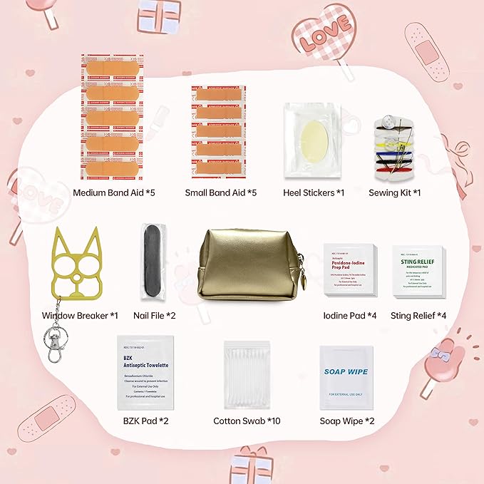 Kitgo Mini First Aid Emergency Clutch Kit -Mother Day Gift Compact Safety Pouch Party Bag with 27 Essential Items for Girl Lady Mother Wife Nurse for Girl Lady Mother Wife Nurse