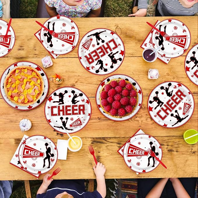 96Pcs Cheer Party Decorations Cheerleader and Loudspeaker Plates and Napkins Red Black White Sports Gymnastics Tableware Set for Girls' Cheer Birthday Ceremony Graduation Party Supplies Serves 24