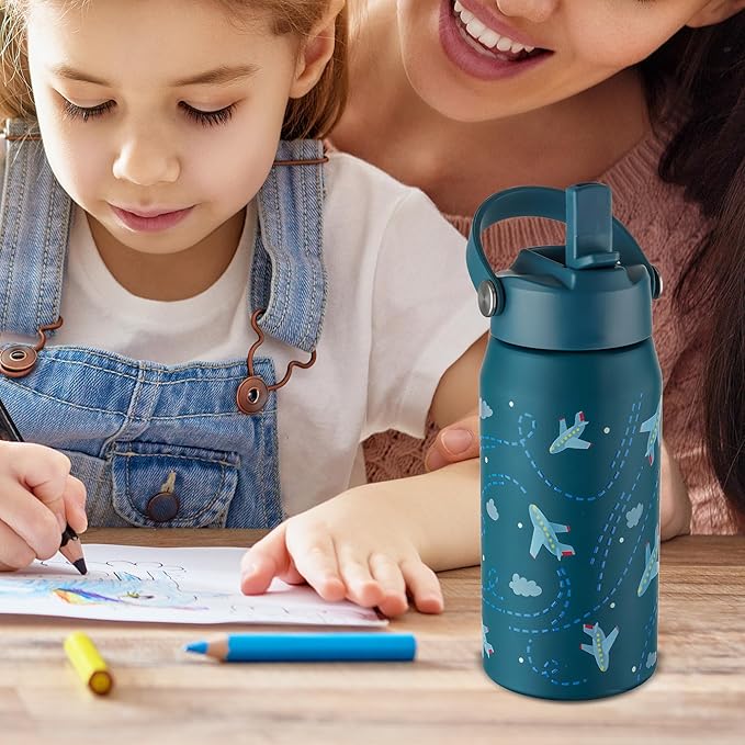OLDLEY kids Water Bottle - 18oz Insulated Stainless Steel - Wide Straw Lid, Non Spill, Leakproof, Kids Water Bottle for School,Airplane
