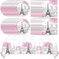 ZOIIWA Paris Themed Party Decorations Eiffel Tower Birthday Paper Plates and Napkins Tableware Set Pink Disposable Tablecloth for Baby Shower Decor Paris Party Supplies