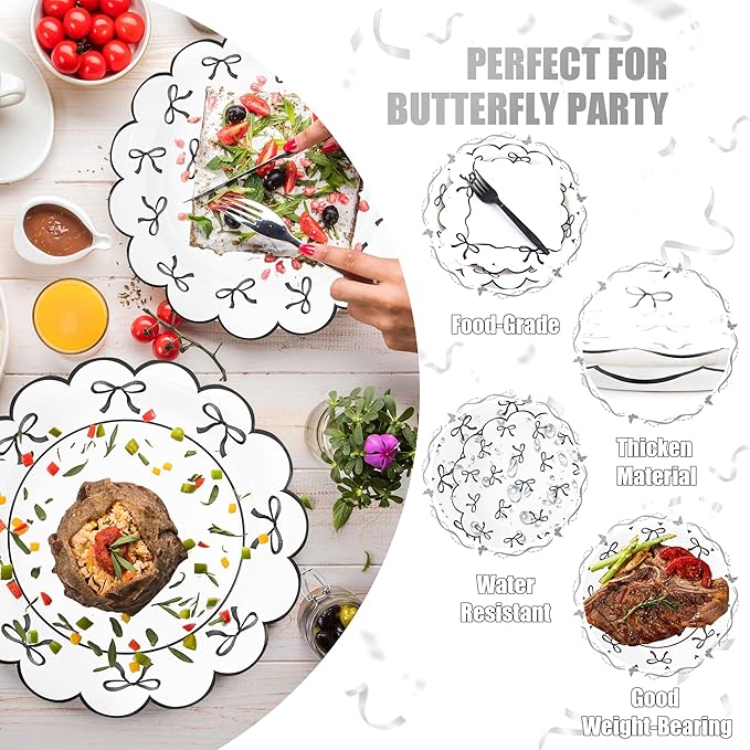 CANREVEL 96 PCS Black Bow Party Plates Serve 24, Bow Plates and Napkins Forks Set, Disposable Tableware for Bow Birthday Supplies Black Party Decorations for Grils Kids Women