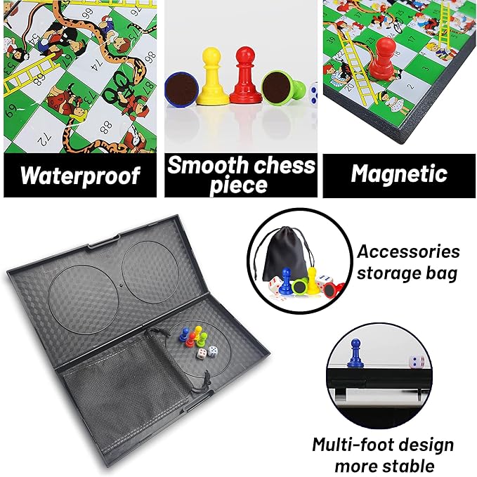 KIDAMI Magnetic Snakes and Ladders Board Game Set for Kids and Adults, 7. 64 Inches & 9.75 Inches & 11.2 Inches