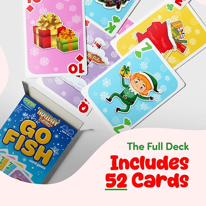 Gamie Christmas Go Fish Playing Cards Games for Kids - Deck of 52 - Christmas Poker Cards with Snowman & Festive Iconic Image Designs - Cute Pastel Colors - Xmas Basket Stuffers for Kids and Adults
