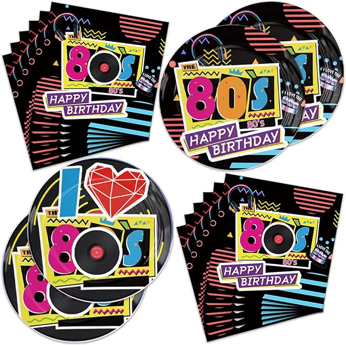 40Pcs 80s Birthday Party Decorations Plates 80s Themed Tableware Include Paper Plates Napkins for 20 Guests Baby Shower Birthday Party Decorations