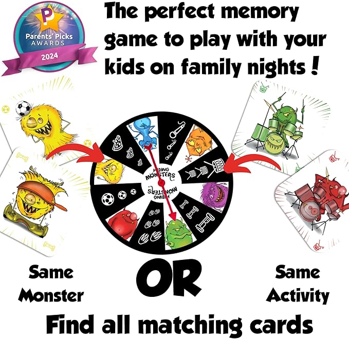Hiding Monsters Award Winning Memory Games for Kids Ages 4-8 with a Spinner Wheel. Fun and Easy-to-Play. Matching Games for Kids Ages 4-8 and 8-12 for Boys and Girls. 2+ Players