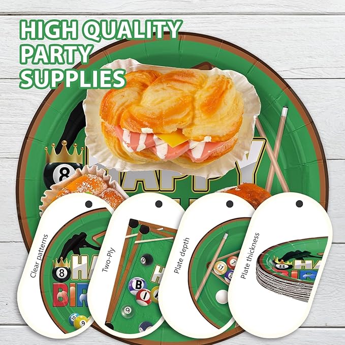 168Pcs Billiards Birthday Party Decorations Snooker Ball Sports Themed Plates Napkins Cups Forks Knives Spoons Disposable Paper Tableware for Billiards Theme Sports Party Supplies Serves 24