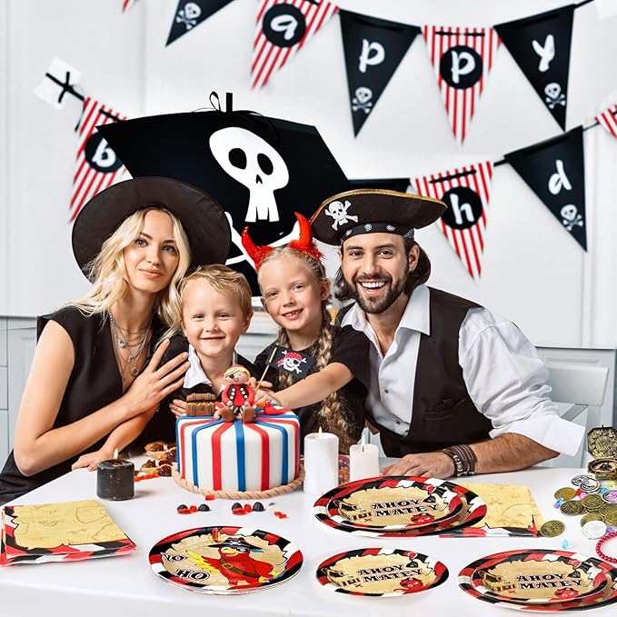 WERNNSAI Pirate Party Plates and Napkins - Pirate Birthday Party Supplies Bundles for Boys Kids Disposable Luncheon Dinner Dessert Cake Plates Napkins Tableware Set Serves 16 Guests 48 Pieces