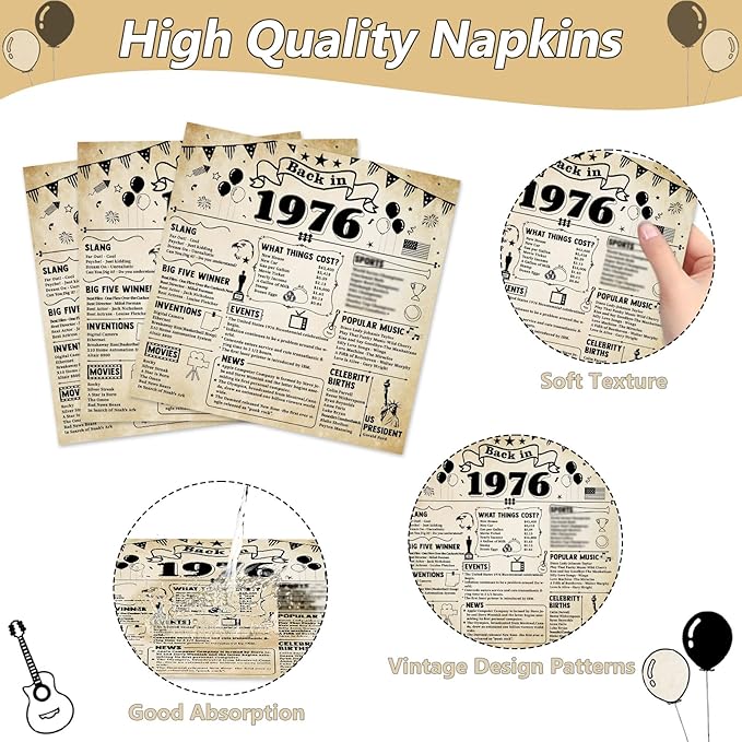 CHUNNIN 50pcs 50th Birthday Plates and Napkins 50th Birthday Party Decorations Vintage Back in 1976 Dessert Plates Vintage 1976 50th Theme Disposable Dinnerware for Men Women Party Supplies