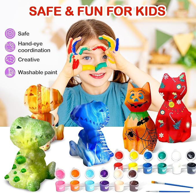 Goody King Paint Your Own Cat & Dinosaur Lamp Kit, 3PCS DIY Night Light, Arts & Crafts for Kids Ages 8-12, Art Supplies Painting Kit for Kids 6-12, Art Supplies Craft Birthday Gifts for Kids Ages 3+