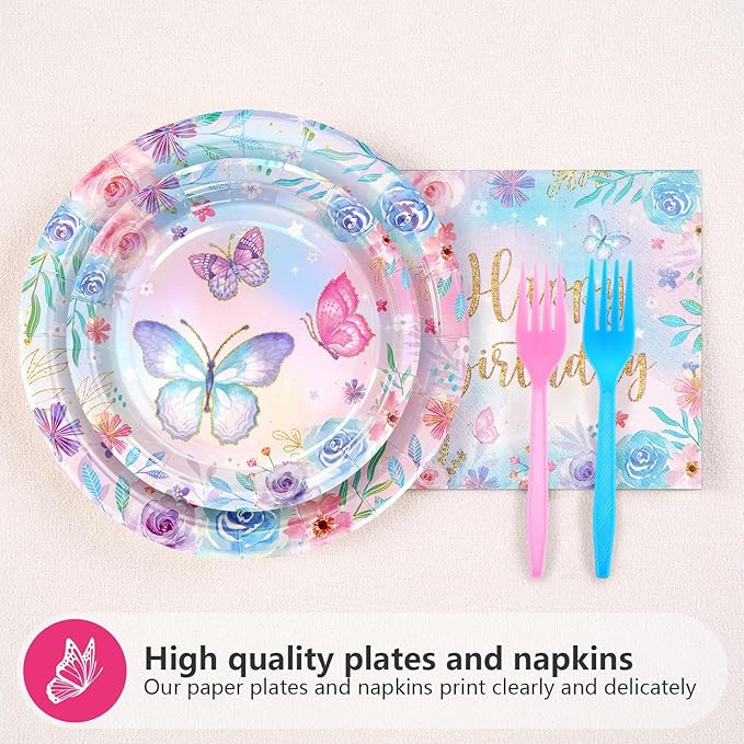 Grencian 96Pcs Butterfly 6th Birthday Party Decorations Butterflies Theme Disposable Sets for Girl Colorful Butterfly Plates, Napkins and Forks, 6 Years Old Birthday Party Supplies Serves 24