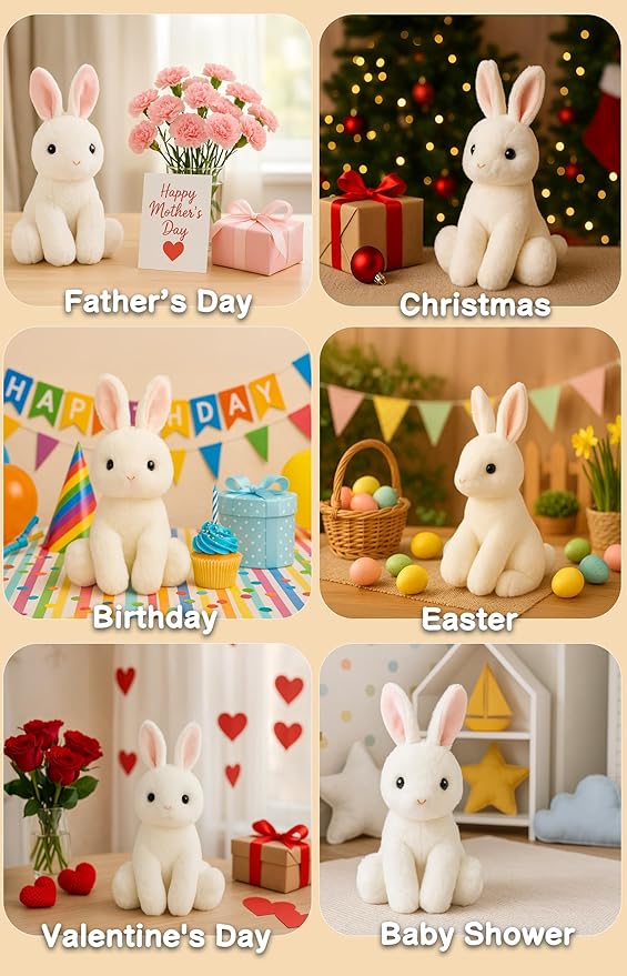 WEIGEDU Rabbit Bunny Stuffed Animals Plush Toys with Pink Ears for Kids Girls Boys Girls Babies Birthday Easter Christmas Bedtime Gifts, Off White