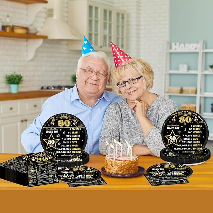 50 Pcs Black Gold 80th Birthday Party Paper Plates and Napkins Back in 1946 Dessert Cake Plates Black Gold 80 Year Old Theme Decorations 1946 Tableware Set Serves 25 Guest 80th Birthday Party Supplies