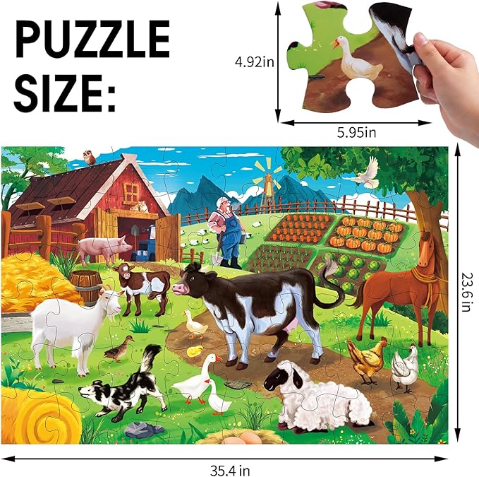 Jumbo Floor Puzzle for Kids,Farm Animals Jigsaw Large Puzzles,48 Piece Barn Puzzle for Toddler Ages 3-5,Children Learning Preschool Educational Toys,Birthday Easter Gift for 4-8 Years Old Boy and Girl