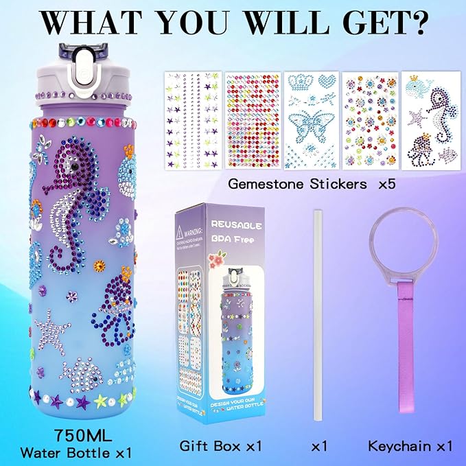 Gifts for Girls, Decorate Your Own Water Bottle Kits for Kids 4 5 6 7 8 9 10 Year Old Girl, Fun DIY Arts and Crafts Gift Toys for Kids Age 4-5-6-8-10-12, Birthday Graduation Gifts for Kid Girl Teens