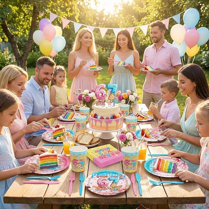 152 PCS 6 7 Six Seven Ice Cream Birthday Disposable Party Supplies Serves 20 Guests, Sweet Treats Meme Disposable Tableware Set with Plates Cups Napkins Cutlery for 6 & 7 Year Old Birthday Decorations
