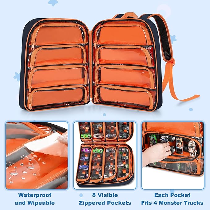 CURMIO Toy Cars Storage Backpack Compatible with Monster Jam Trucks/Hot Wheels 1:64 Scale Monster Trucks, Portable Carrying Case Bag with Front Pocket for Monster Truck, Dark Blue (Bag Only)