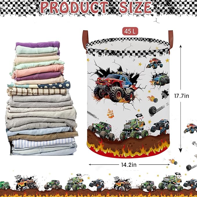Monster Trucks Storage Basket Laundry Hamper,Collapsible Car Room Decor for Boys,Waterproof Monster Trucks Easter Gift Bag,45L Large Clothes Towel Toy Book Nursery Hamper(Round)
