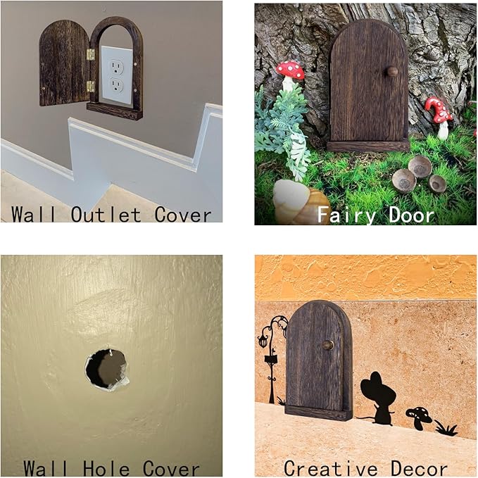 Self-Adhesive Outlet Cover – A Creative Wooden Cover that Conceals Wall Plates、 Switches、Stains、Wall holes and Protects Child – Elf Door for Wall – 7.87 Inch Tall Fairy Door (Paulownia)
