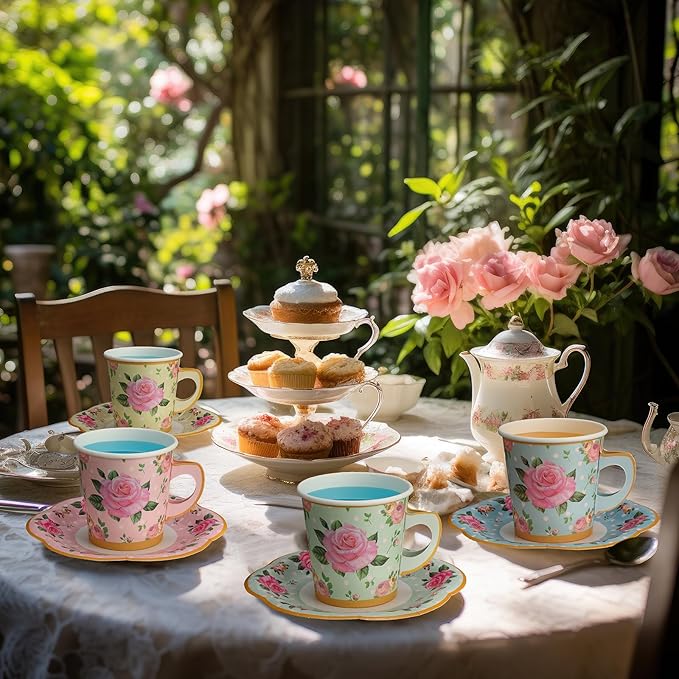 Umigy 36 Sets Mother's Day Tea Party Decorations 9 oz Floral Paper Teacups & Saucer Set for Girls Women Tea Parties Mothers Day Bridal Shower Wedding Birthday Party Decorations(Multicolored)