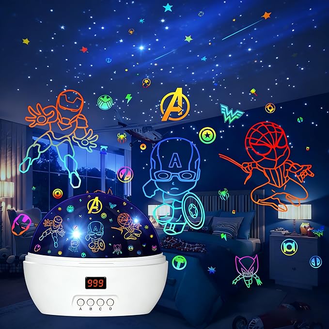 MOKOQI Kid Light Projector Superhero Toys for Boys 5-7 Avengers Night Light Projector with Timer for Kids Room, 360 Degree Rotation Toddler Nightlights with Spiderman Figurine Star Lamps White