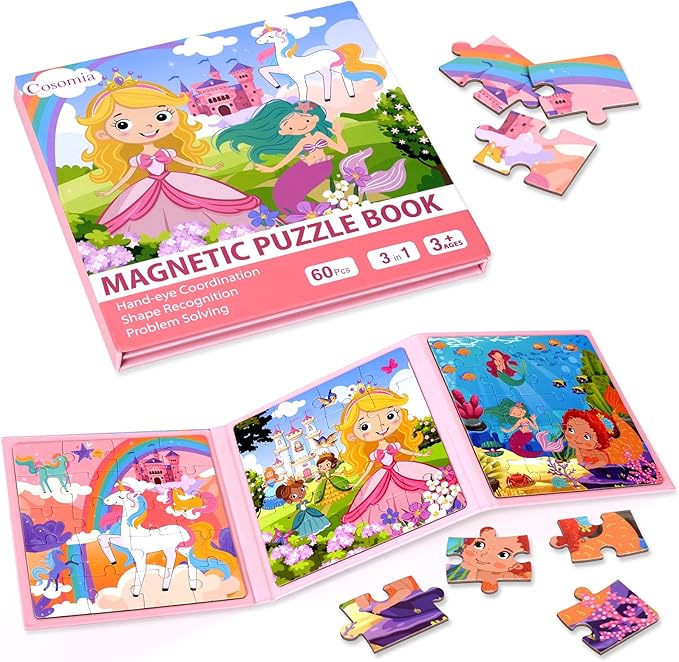 Magnetic Puzzles for Kids 3-5, 3-in-1 Princess Unicorn Mermaid Travel Puzzles for Kids Ages 4-6, Car Airplane Road Trip Activities Toys, Easter Day Gifts for Girls