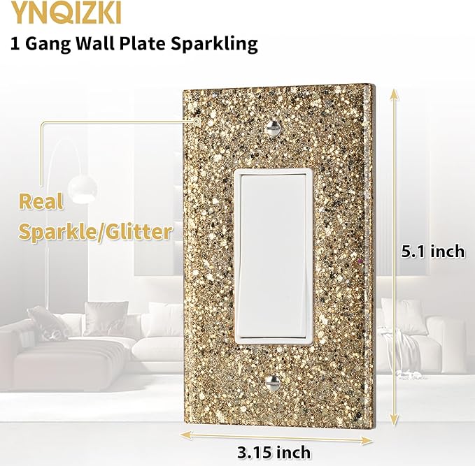 Gold Glitter Light Switch or Outlet Covers - Sparkling Wall Plate Cover 5.10"x3.15",1-Gang Rocker