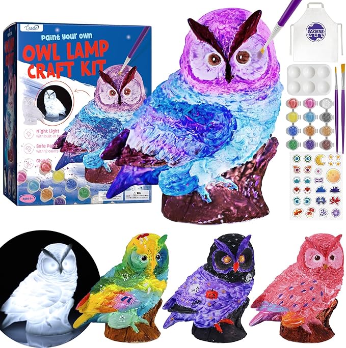 LAOESE Paint Your Own Owl Lamp Kit, Art Supplies Painting Kits for Kids 6-12, Arts and Crafts for Kids Ages 8-12, Owl Toy Girls Boys Birthday Gifts for Kids Ages 3 4 5 6 7 8 9 10 11 12+