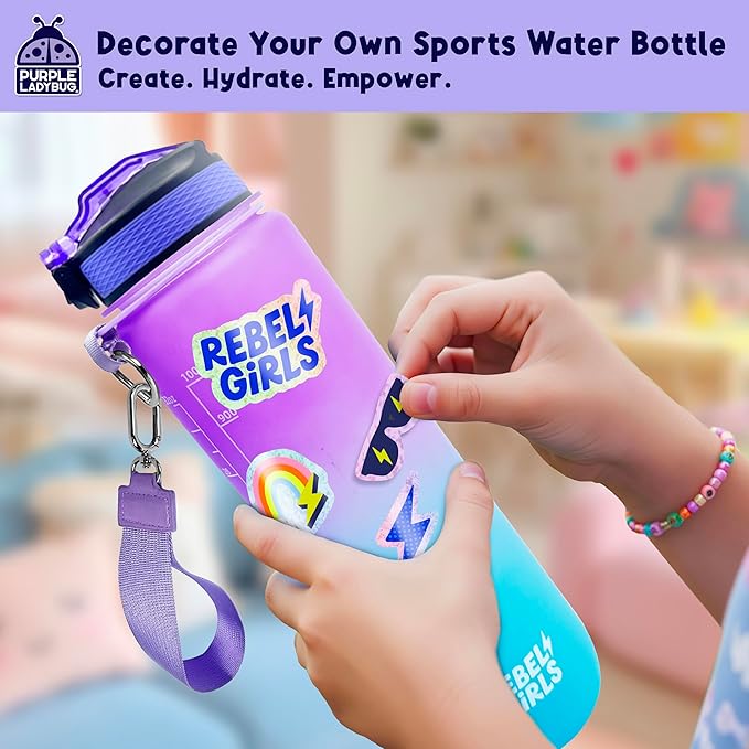 Rebel Girl Decorate Your Own Water Bottle - 32oz BPA Free Water Bottle for Kids with Motivational Stickers & More, Girls Birthday Gifts Age 6-7 8 9 10 11 - Teen Gift, Tween Girls Trendy Stuff