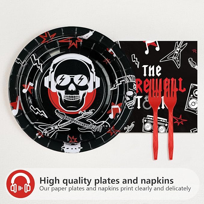 96Pcs Rock and Roll Party Decorations He Put A Rock On It Plates and Napkins Rock N Roll Tableware Sets for Boys Girls Bachelor Rockstar Guitar Music Theme Born to Rock Party Decorations Supplies