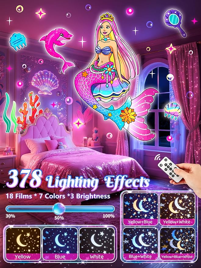 Little Mermaid Toys, 15 Soothing Sounds+18 Films+378 Colors Kids Night Light Projector, 360°+Remote+Cordless+Pink Mermaid Birthday Gifts for Girls, Princess Toys Princess Room Decor[Dreamy Packaging]
