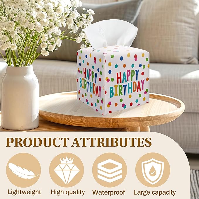 Leather Tissue Box Cover Holder, Watercolor Polka Dots Tissue Box Cover Square with Belt Bottom, Birthday Gifts Idea, Birthday Party Bathroom, Home Office Car Decorations