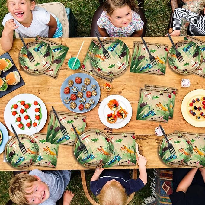 Qyeahkj 100 Pcs Bug Party Plates Napkins Supplies, Spring Summer Ladybugs Bee Reptile Birthday Party Tableware Set Insect Birthday Party Decorations Favors for Boys Girls Serve 25