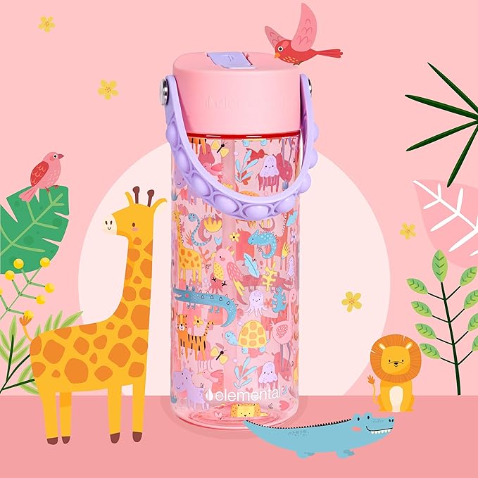 Elemental Water Bottles for Kids - Splash Kids Water Bottle for School with Pop-it Handle - BPA Free Tritan Plastic Water Bottle with Straw Leak Proof when Spout is Closed -Pink Safari - 18oz
