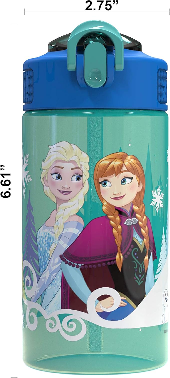 Zak Designs Disney Frozen 2 Kids Spout Cover and Built-in Carrying Loop Made of Plastic, Leak-Proof Water Bottle Design, 16oz, Elsa & Anna