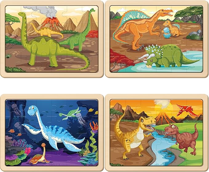 SYNARRY Large Dinosaur Wooden Puzzles for Kids 4 in 1 Gift Box(12.2 * 9.4 in), Jigsaw Puzzles for Kids Ages 4-6, Wood Puzzles for Kids Ages 3-5, Dinosaur Toys Easter Basket Stuffers Gifts for Kids