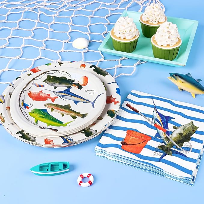 WERNNSAI Fishing Party Decorations - 48PCS Tropical Fish Birthday Party Decorations Fishing Plates Napkins Tablmeware Set for Boys Baby Shower Fisherman Birthday Party Decor Serves 16 Guests