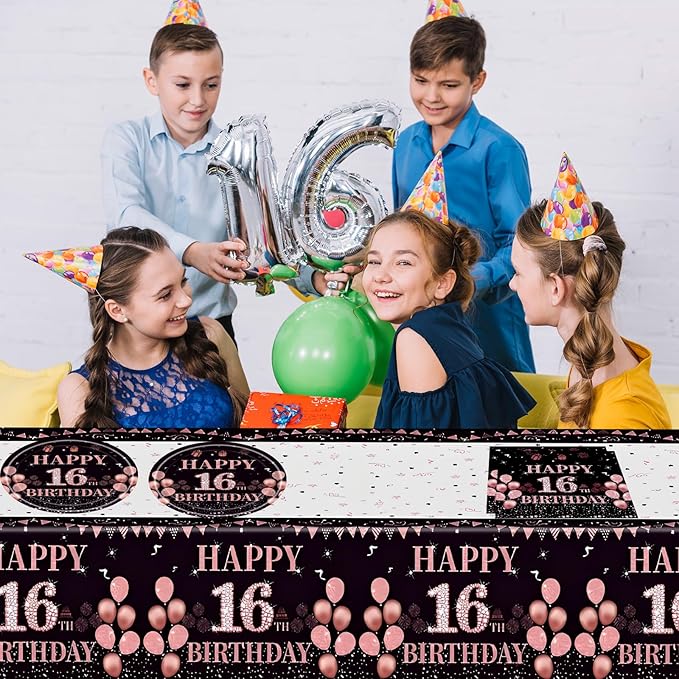 41Pcs 16th Birthday Party Decorations for Girls Her, Rose Gold Birthday Supplies Include 20 Plates 20 Napkins and 1 Tablecloth, Sweet Sixteen Year Old Birthday Party Tableware for Girls Kids Children