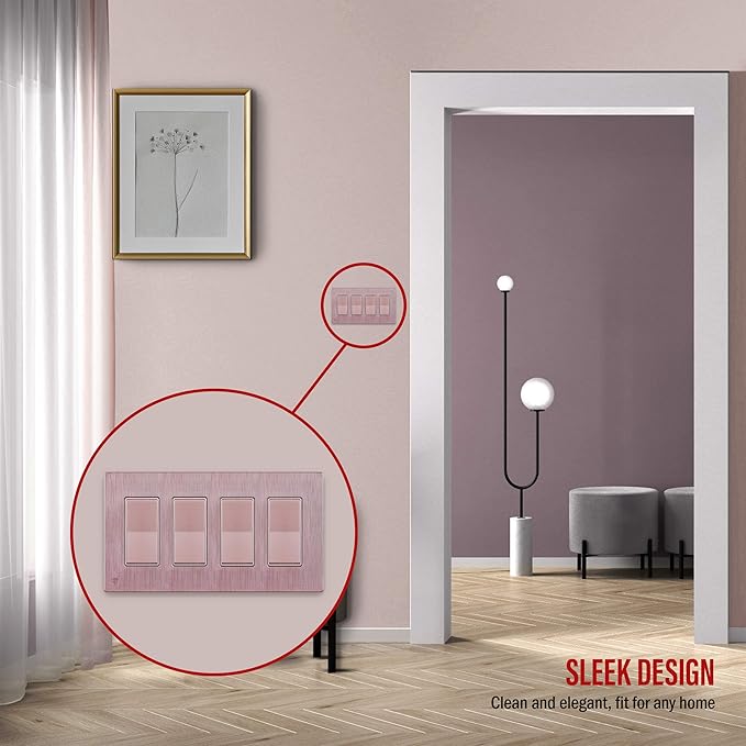 ENERLITES Elite Series Screwless Decorator Wall Plate Child Safe Outlet Cover, Gloss Finish, Size 4-Gang 4.68" H x 8.30" L, Unbreakable Polycarbonate Thermoplastic, SI8834-BRG, Brushed Rose Gold